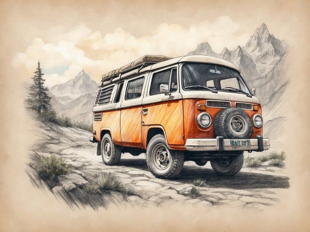 Auf dem Bild ist ein orangefarbener VW-Bus zu sehen, der auf einem malerischen, unbefestigten Weg inmitten einer beeindruckenden Berglandschaft steht. Die Umgebung ist von einer wilden, unberührten Natur geprägt, mit hohen Bergen im Hintergrund und vereinzelten Bäumen, die für ein Gefühl von Abenteuer und Freiheit sorgen. Hier kann man Abenteuer und Natur pur erleben!