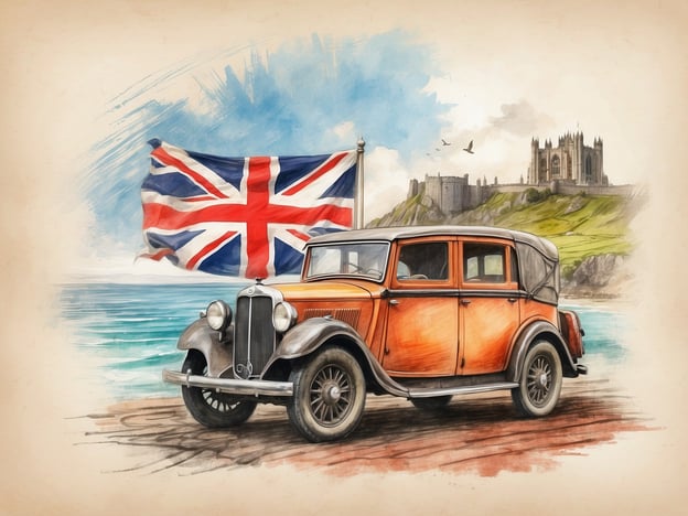 Auf dem Bild ist ein klassisches Auto zu sehen, das vor einer Küstenlandschaft steht. Im Hintergrund weht eine britische Flagge, während ein beeindruckendes Schloss oder eine Burg auf einem Hügel sichtbar ist. Diese Szenerie spiegelt die Schönheit der Britischen Inseln wider und lädt dazu ein, die malerischen Landschaften und historischen Stätten zu entdecken.