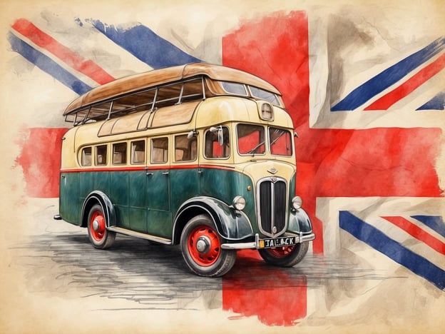 Auf dem Bild ist ein klassischer Doppeldeckerbus zu sehen, der in typischen britischen Farben gestaltet ist. Er steht vor einem Hintergrund, der mit der Union Jack, der Flagge des Vereinigten Königreichs, verziert ist. Diese Art von Bus ist ein ikonisches Symbol der britischen Kultur und des öffentlichen Nahverkehrs, besonders in London. Solche Busse waren nicht nur ein wichtiges Fortbewegungsmittel, sondern auch Teil des kulturellen Erbes der britischen Inseln, die eine reiche Geschichte und Tradition in der Entwicklung des öffentlichen Verkehrs haben.