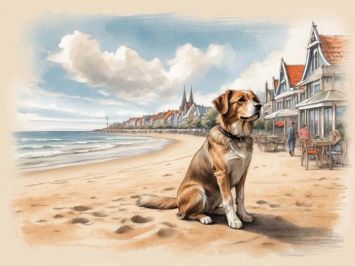 Ein Hund sitzt am Strand, umgeben von feinem Sand und sanften Wellen des Meeres. Im Hintergrund sind bunte Häuser und charmante Cafés zu sehen, die eine einladende Atmosphäre schaffen. Der Himmel ist hell und wolkig, während Spaziergänger das Ufer entlang flanieren, was das Bild von einem entspannten Urlaub mit Hund in den Niederlanden unterstreicht.