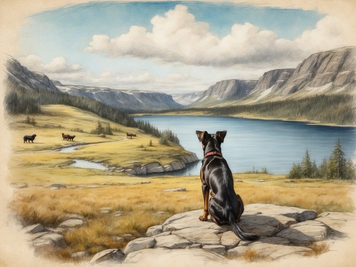 Ein Hund sitzt auf einem Felsen und blickt auf eine weitläufige Landschaft mit einem ruhigen See, umgeben von hohen Bergen und Nadelbäumen. Im Hintergrund sind einige wild lebende Tiere zu sehen, die auf einer grünen Wiese grasen. Der Himmel ist klar mit vereinzelten Wolken, was die friedliche Atmosphäre der schwedischen Wildnis unterstreicht. Diese Szenerie vermittelt ein Gefühl von Ruhe und Freiheit, ideal für einen Urlaub in der Natur mit Hund.