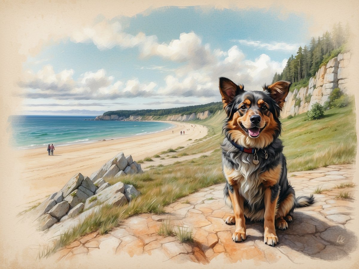 Ein glücklicher Hund sitzt auf einem Weg in der Natur, während im Hintergrund ein schöner Strand mit sanften Wellen und einer malerischen Küstenlinie zu sehen ist. Die Landschaft ist von grünen Bäumen umgeben, und einige Menschen spazieren am Strand entlang. Der Himmel ist mit einigen Wolken geschmückt, die eine entspannte Urlaubsstimmung vermitteln.