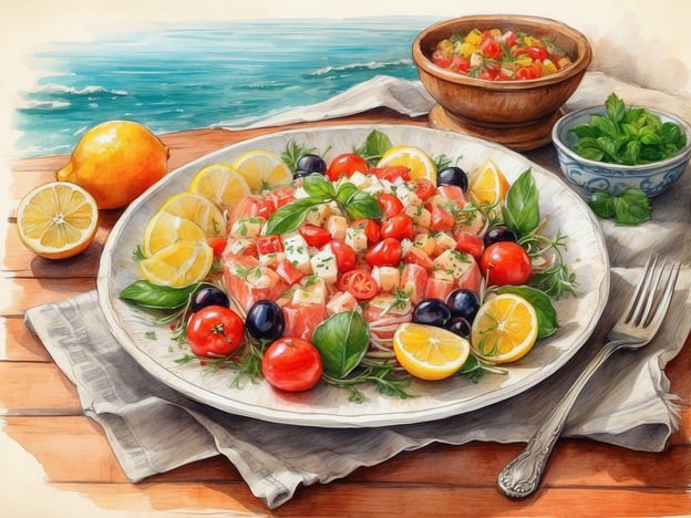 Auf dem Bild ist ein köstlicher mediterraner Salat zu sehen, der reich an frischen Zutaten ist. Die bunten Tomaten, Gurkenwürfel, schwarze Oliven und zarte Basilikumblätter sorgen für eine lebendige Präsentation. Ergänzt wird der Salat durch Zitronenscheiben, die ihm eine erfrischende Note verleihen. Im Hintergrund sieht man eine Schale mit einer weiteren Gemüsemischung, möglicherweise eine Salsa, die zusammen mit frischen Kräutern serviert wird. Diese kulinarische Entdeckung erinnert an die Aromen und die Frische der Mittelmeerküche, ideal für ein sommerliches Essen am Meer.