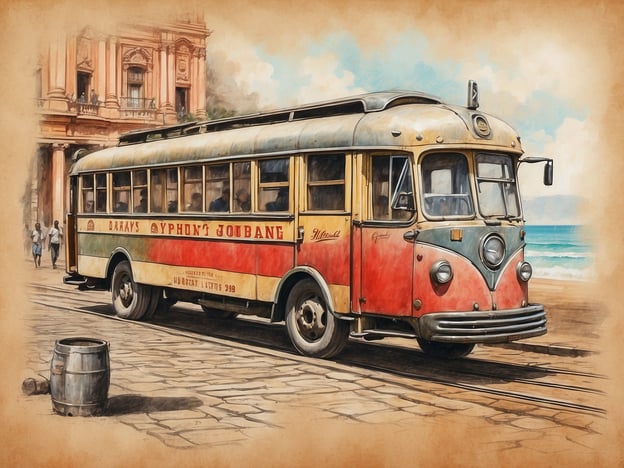 Auf dem Bild ist ein nostalgischer Bus zu sehen, der wohl aus einer früheren Zeit stammt. Er hat eine auffällige rot-gestreifte Farbgebung und könnte in einer historischen Umgebung abgebildet sein, die an die Strände von Durban erinnert. Durban ist bekannt für seine belebte Küstenlinie, lebendige Kultur und Geschichte, die sowohl europäische als auch afrikanische Einflüsse umfasst.

In der Vergangenheit war der öffentliche Nahverkehr in Durban, wie das Bussystem, ein wichtiger Bestandteil des Lebens der Menschen. Die Stadt hat eine lange Geschichte der Migration und Vielfalt, was sich in der Kulturlandschaft und im öffentlichen Leben widerspiegelt. Die Strände von Durban, die während der Kolonialzeit als Freizeitort populär wurden, ziehen auch heute noch Touristen und Einheimische an.

Der Bus auf dem Bild könnte also eine Verbindung zur Geschichte des öffentlichen Verkehrs in der Stadt darstellen, während er gleichzeitig die kulturellen Traditionen und den Lebensstil von Durban widerspiegelt.