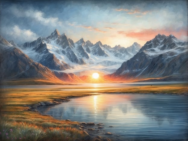 Auf dem Bild könnte eine majestätische Landschaft mit hohen Bergen und einem ruhigen Gewässer zu sehen sein. Solche Szenen erinnern an Erlebnisse auf einer Nordkap-Kreuzfahrt, wo man oft den atemberaubenden Sonnenuntergang über den Fjorden beobachten kann. 

Die unberührte Natur, umgeben von schneebedeckten Gipfeln, vermittelt ein Gefühl von Freiheit und Abenteuer. Während einer solchen Kreuzfahrt könnte man an Deck stehen, den frischen Wind spüren und den spektakulären Ausblick genießen, während die Sonne langsam hinter den Bergen versinkt. Diese Momente sind voller Ruhe und Schönheit, die man mit anderen Reisenden teilen kann, während man das sanfte Plätschern des Wassers hört. 

Die Farben des Himmels, die sich im Wasser spiegeln, schaffen eine romantische und friedliche Atmosphäre, die viele Reisende als unvergesslich empfinden.