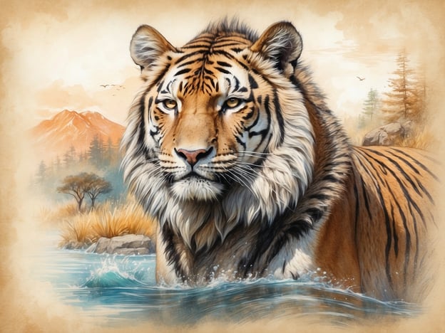 Auf dem Bild ist ein majestätischer Tiger zu sehen, der im Wasser steht. Seine markanten Streifen und die beeindruckenden Gesichtszüge zeigen die Schönheit und Kraft dieser Tiere. Im Hintergrund erkennt man eine malerische Naturkulisse mit Bergen und Bäumen, die eine ruhige und friedliche Atmosphäre schafft. Diese Darstellung erinnert an unvergessliche Begegnungen mit der Tierwelt, die die majestätische Präsenz des Tigers hautnah erlebbar machen.