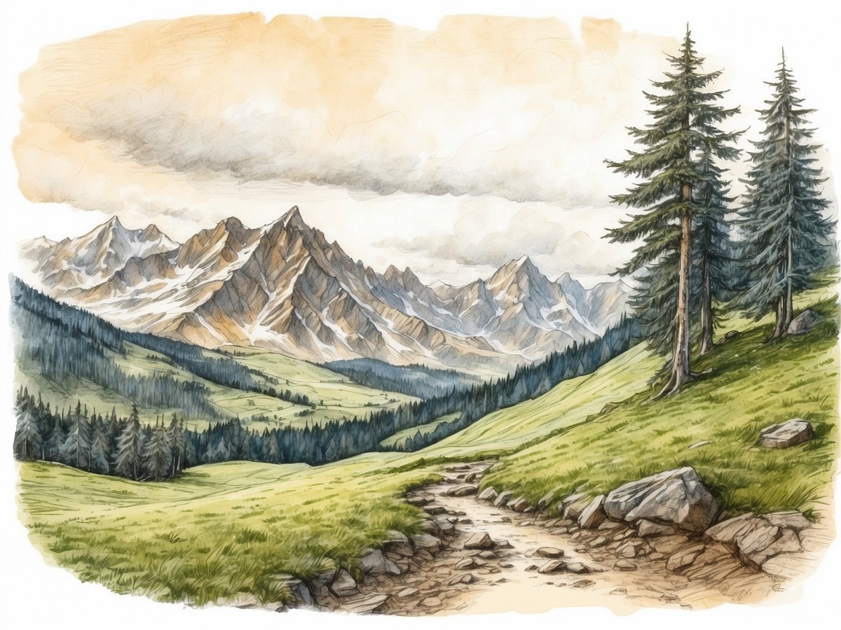 Eine malerische Landschaft in Ottenhöfen im Schwarzwald zeigt sanfte grüne Hügel, die von dichten Nadelbäumen gesäumt sind. Im Hintergrund erheben sich majestätische Berge mit schneebedeckten Gipfeln, während ein kleiner Kiesbach durch die Wiese fließt. Der Himmel ist leicht bewölkt und strahlt eine ruhige, friedliche Atmosphäre aus, die die Schönheit der Natur in dieser Region hervorhebt.