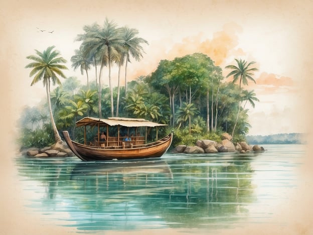 Auf dem Bild ist eine friedliche Landschaft zu sehen, die die Schönheit der Amazonasmündung einfängt. Ein traditionelles Boot fährt ruhig auf einem klaren, stillen Wasser, umgeben von üppigen, grünen Palmen und dichtem Regenwald. Sanfte Hügel und Felsen im Hintergrund verleihen der Szenerie eine malerische Note. Die Farben sind warm und einladend, was die tropische Atmosphäre unterstreicht. Es wirkt, als ob die Zeit in dieser idyllischen Umgebung stillsteht.