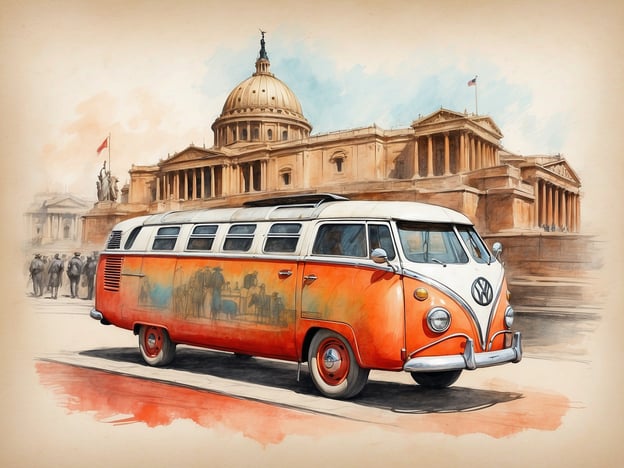 Auf dem Bild sieht man einen klassisch gestalteten VW-Bus, der in auffälligen Farben lackiert ist und eine künstlerische Darstellung zeigt. Im Hintergrund ist eine beeindruckende architektonische Struktur zu erkennen, die vermutlich an historische Gebäude in Rom erinnert, wie etwa den Petersdom oder das Gebäude des römischen Parlaments. 

Der VW-Bus, oft als Symbol für Freiheit und Abenteuer in den 1960er Jahren gesehen, repräsentiert eine Ära, in der das Reisen und das Leben auf der Straße populär wurden. Diese Fahrzeuge wurden häufig von Hippies und Reisenden genutzt, was ihnen einen kulturellen Stellenwert verlieh.

Das architektonische Element im Hintergrund suggeriert eine Verbindung zur römischen Geschichte, die reich an Kultur, Kunst und politischem Einfluss ist. Rom ist bekannt für seine historischen Stätten und monumentalen Bauwerke, die weltweit bewundert werden. Die Kombination aus dem VW-Bus und der beeindruckenden Architektur schafft eine faszinierende Verbindung von moderner Mobilität mit der reichen Geschichte und Kultur der Stadt.