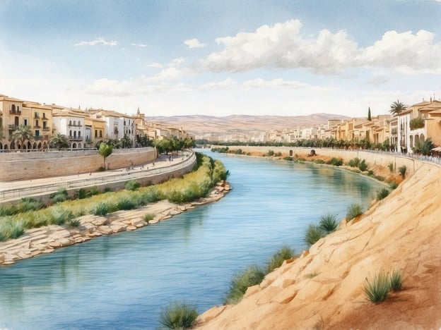 Das Bild zeigt eine malerische Landschaft mit einem ruhigen Fluss, der von Häusern und Bäumen gesäumt wird. Diese Szenerie erinnert an den Guadalquivir-Fluss in Andalusien, der eine große historische und kulturelle Bedeutung hat. 

Der Guadalquivir ist einer der wichtigsten Flüsse Spaniens und durchfließt Städte wie Sevilla und Córdoba. Er spielte eine zentrale Rolle in der Entwicklung der Region, sowohl wirtschaftlich als auch kulturell. Der Fluss war ein entscheidender Handelsweg und trug zur Verbreitung von Landwirtschaft, Kunst und Wissenschaft in Andalusien bei. Außerdem verbindet er die reiche Geschichte der maurischen und christlichen Zivilisationen, die die Region geprägt haben. Der Guadalquivir ist auch ein beliebtes Ziel für Touristen, die die Schönheit der Landschaft und die historischen Stätten entlang des Flusses genießen möchten.