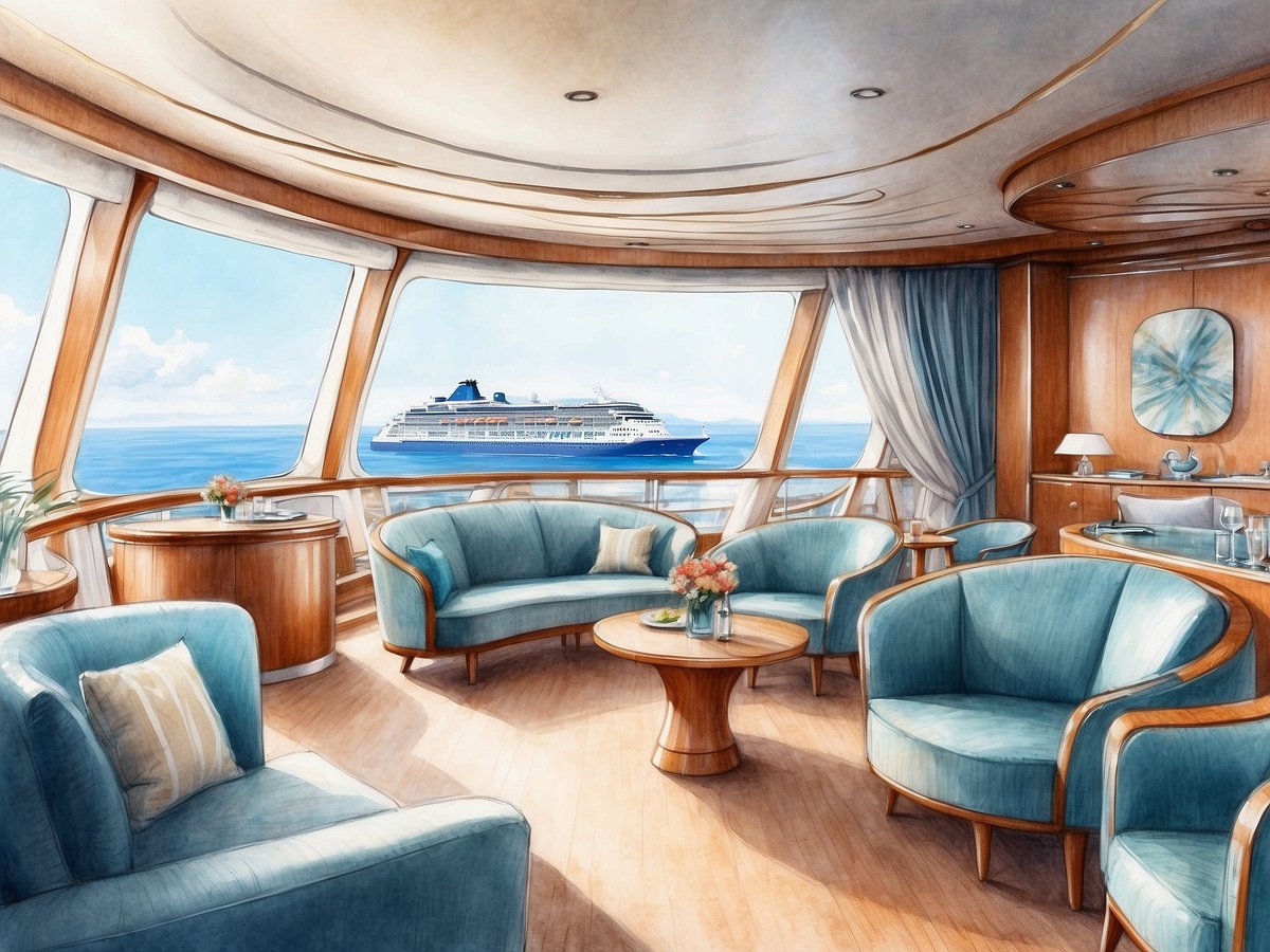 Ein stilvolles Lounge-Interieur auf einem Kreuzfahrtschiff mit großen Fenstern, die einen Blick auf das Meer und das Schiff Mein Schiff 5 bieten. Im Vordergrund sind mehrere moderne blaue Sessel und ein runder Holztisch mit einer Blumenvase. Die Wände sind in warmen Holzton gehalten und es gibt eine angenehme Atmosphäre durch das natürliche Licht, das hereinströmt. Hinter den Fenstern sieht man das Meer und den Horizont, während das Schiff in der Ferne sichtbar ist.