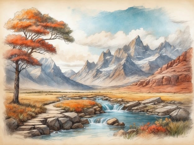 Auf dem Bild ist eine malerische Landschaft mit majestätischen Bergen, einem klaren Fluss, der sanft über Steine fließt, und buntem Herbstlaub an einem Baum zu sehen. Diese Szenerie erinnert an die Faszination afrikanischer Flüsse, die oft von atemberaubenden Landschaften umgeben sind. Die Flüsse in Afrika tragen nicht nur zur Biodiversität bei, sondern sind auch Lebensadern für die Menschen und Tiere, die in ihrer Nähe leben. Die Kombination aus Wasser, Bergen und der üppigen Vegetation schafft eine harmonische und einladende Atmosphäre.