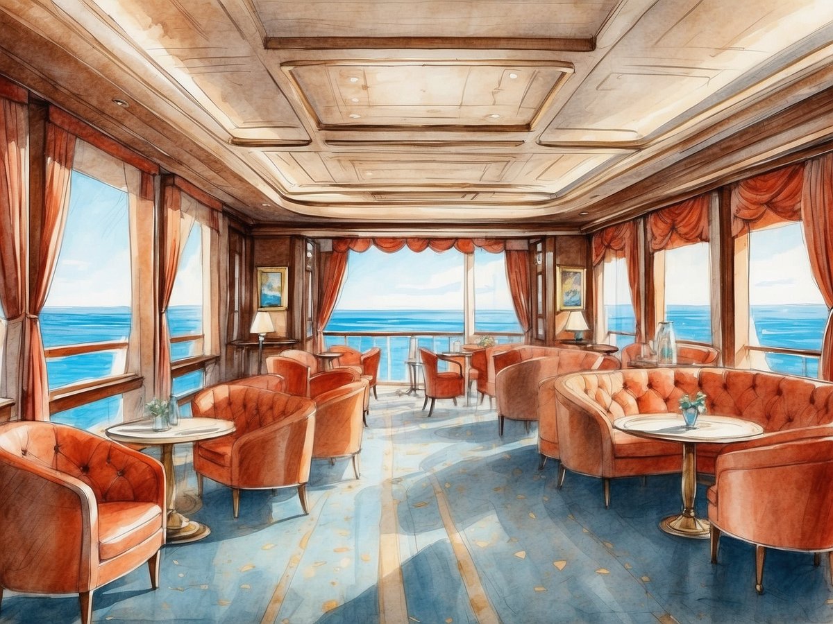 Eine stilvolle Lounge auf Mein Schiff 7 mit großen Fenstern, die einen Blick auf das offene Meer bieten. Die Einrichtung umfasst orangefarbene, gepolsterte Sessel und Tische, die einladend wirken. Die Wände sind in warmen Farben gehalten, und an den Fenstern hängen dekorative Vorhänge. Sanftes Licht strömt in den Raum, der eine gemütliche und entspannte Atmosphäre ausstrahlt.