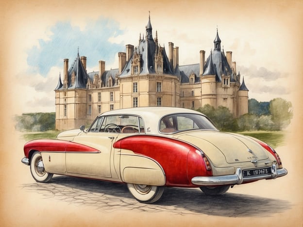 Auf dem Bild ist ein nostalgisches Auto im Vordergrund zu sehen, das vor einem beeindruckenden Schloss steht, das typisch für die Loire-Region in Frankreich ist. Die reiche Geschichte der Loire-Region erkunden, bedeutet, dass man sich mit den prächtigen Schlössern und der kulturellen Bedeutung dieser Gegend beschäftigt. Die Kombination aus dem klassischen Fahrzeug und dem historischen Schloss vermittelt ein Gefühl von Eleganz und Tradition, was die Schönheit und den Reichtum dieser Region symbolisiert.