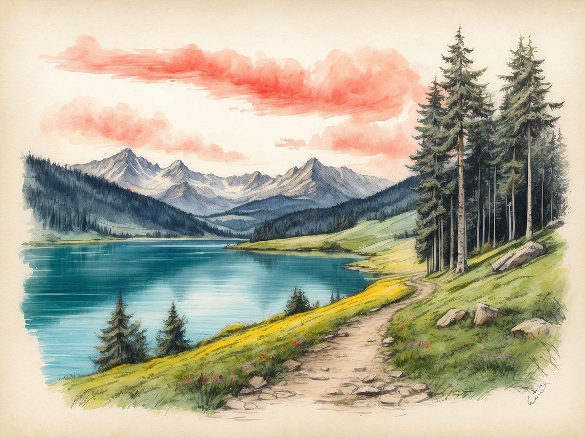 Ein malerischer Ausblick auf einen klaren See umgeben von Bergen und dichten Nadelwäldern. Ein schmaler Weg führt entlang des Wassers, gesäumt von bunten Blumen und grünem Gras. Über dem Wasser sind sanfte, rötliche Wolken sichtbar, die den Himmel zieren. Im Hintergrund erhebt sich eine beeindruckende Bergkette. Ideal für einen Kurzurlaub im Schwarzwald.