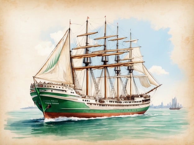 Auf dem Bild ist ein prächtiger Dreimaster zu sehen, der im klassischen Stil der Windjammer gestaltet ist. Dies erinnert an die „Rickmer Rickmers“, ein berühmter Traditionssegler in Hamburg. 

Die „Rickmer Rickmers“ ist ein wichtiger Teil des maritimen Erbes der Stadt und dient heute als Museumsschiff im Hamburger Hafen. Sie wurde im Jahr 1896 gebaut und hat eine bedeutende Geschichte als Frachtschiff. Heute ist sie ein beliebter Anziehungspunkt für Touristen und bietet Einblicke in die maritime Geschichte Hamburgs und des Handelsschiffbaus. Die eindrucksvolle Architektur und die Geschichte des Schiffs machen es zu einem Symbol für die Seefahrtstradition der Hansestadt.