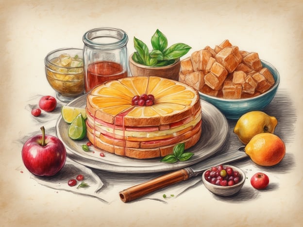 Auf dem Bild ist ein kunstvoll angerichtetes Gericht zu sehen, das verschiedene kulinarische Highlights vereint. Im Mittelpunkt steht eine schichtartige Kreation, möglicherweise ein Obstkuchen oder ein fruchtiger Sandwich, der mit saftigen Orangen- und Apfelscheiben dekoriert ist. 

Um die Hauptspeise herum befinden sich regionale Spezialitäten wie frische Äpfel und Zitronen, die typisch für viele Länder in Mitteleuropa sind. Auch die kleinen Schalen mit Konfitüren oder Kompotten deuten auf handgemachte, regionale Delikatessen hin. Die Kombination von frischem Obst mit aromatischen Kräutern, wie hier möglicherweise Minze, verleiht dem Arrangement eine sommerliche Frische. 

Die Präsenz von bunten Zutaten und süßen Snacks, wie die Würfel aus einer konfitierten Spezialität, macht das Bild besonders ansprechend und verleitet dazu, die regionale Vielfalt der Gastronomie zu würdigen.