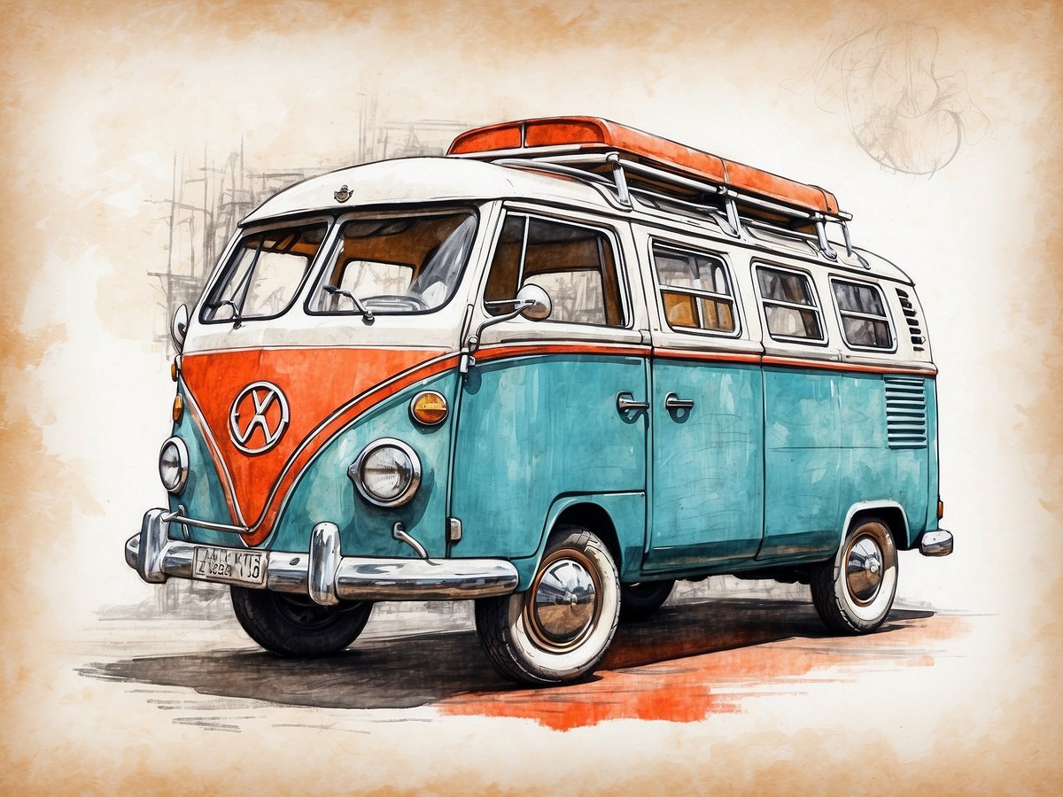 Ein Volkswagen Bulli in leuchtenden Farben, bestehend aus einem blauen und orangen Design. Der Bus hat eine charakteristische Rundung, große Fenster und einen Dachgepäckträger. Der Vorderbereich zeigt das markante VW-Logo. Der Hintergrund ist in einem sanften Beigeton gehalten.