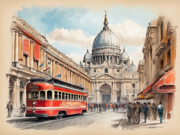 Auf dem Bild ist eine lebhafte Straßenszene mit einer roten Straßenbahn zu sehen, die vor einem beeindruckenden Gebäude mit einer großen Kuppel fährt, das an die St. Paul’s Cathedral in London erinnert. Die Architektur des Gebäudes und die historische Straßenbahn verleihen der Szene eine nostalgische Atmosphäre.

Umgeben von eleganten Straßen mit Menschen in historischen Kleidungsstücken, könnte man in der Nähe kulturelle Highlights wie Museen, Theater oder alte Stadtteile erwarten, die reich an Geschichte sind. Solche Orte bieten oft zusätzliche kulturelle Erlebnisse, wie Kunstausstellungen oder musikalische Aufführungen, die die Stadt lebendig machen.