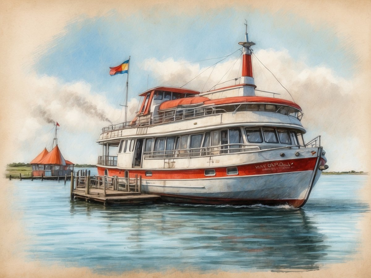 Ein elegantes Passagierschiff im Hafen von Molecaten Park auf den Süd-Hollandischen Inseln in Holland. Das Schiff hat eine auffällige rote und weiße Farbgestaltung und weht eine deutsche Flagge. Im Hintergrund ist ein weiteres Gebäude zu sehen, das mit einem roten Zelt-ähnlichen Dach gestaltet ist. Das Wasser reflektiert sanft das Licht, während einige Wolken über dem Himmel schweben. Die Szene strahlt eine ruhige und malerische Atmosphäre aus, typisch für eine maritime Umgebung.