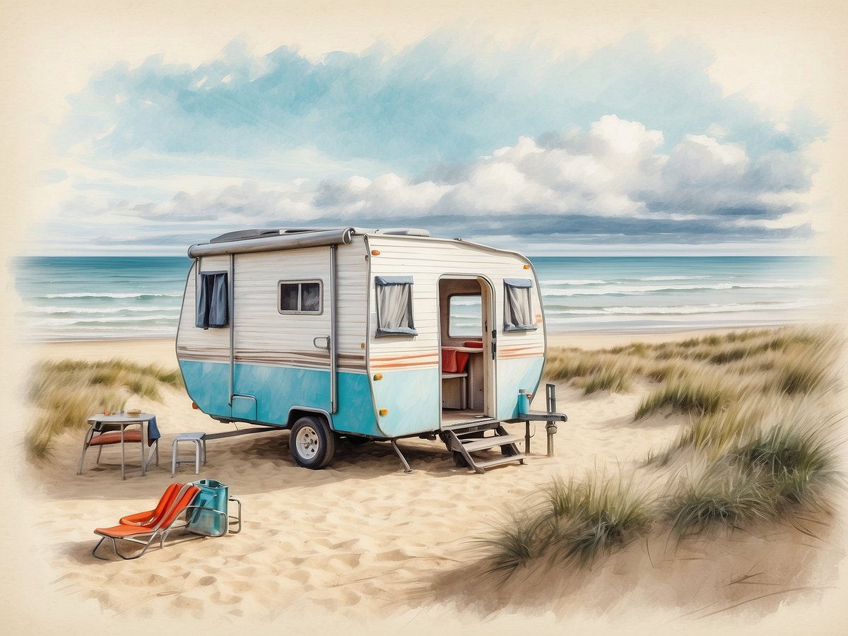 Ein nostalgischer Wohnwagen steht am Strand von Hoogduin Zeeuws-Vlaanderen umgeben von feinem Sand und grünen Grashalmen. Vor dem Wohnwagen befinden sich zwei Liegestühle in leuchtendem Orange sowie ein kleine Tisch mit einem Getränk. Im Hintergrund erstreckt sich das ruhige Meer mit sanften Wellen und einem Himmel, der mit weichen, grauen Wolken bedeckt ist. Die Szenerie strahlt eine entspannte Urlaubsatmosphäre aus.