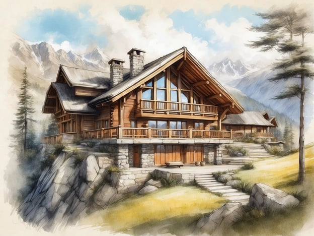 Auf dem Bild sind wunderschöne, rustikale Chalets zu sehen, die sich in einer bergigen Landschaft befinden. Die Architektur kombiniert Holz und Stein und erinnert an die besten Chalets in Südtirol. Diese Chalets sind optimal in die Natur integriert, umgeben von Bäumen und einer malerischen Bergkulisse, was für eine idyllische Atmosphäre sorgt. Ideal für einen entspannten Urlaub in den Dolomiten!