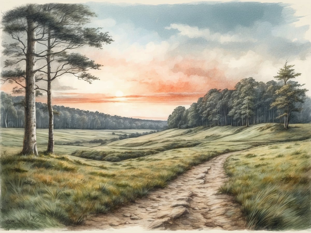 Eine malerische Landschaft im Drents-Friese Wold zeigt einen sanften Hügel mit einer gewundenen Schotterstraße, die durch weite Wiesen führt. Auf der linken Seite stehen zwei auffällige Bäume, während sich im Hintergrund ein dichter Wald erhebt. Am Horizont ist ein warmes Licht des Sonnenuntergangs zu sehen, das den Himmel in sanften Orange- und Blautönen erleuchtet. Die ruhige Atmosphäre und die natürliche Schönheit der Umgebung schaffen eine friedliche Szene.