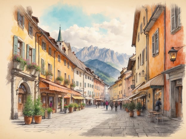 Auf dem Bild ist eine malerische Straße in Bruneck zu sehen, umgeben von bunten, historischen Gebäuden mit stilvollen Fenstern und Blumenkästen. Die Atmosphäre ist lebhaft, mit mehreren Passanten, die die Straße entlang schlendern. Im Hintergrund erheben sich majestätische Berge, die der Szene einen atemberaubenden natürlichen Rahmen verleihen. Die Kombination aus Architektur und Natur spiegelt moderne Facetten von Bruneck wider, wo traditionelles Ambiente auf zeitgenössliches Leben trifft. Kaffeetische und Schirme laden zum Verweilen ein, während die kreative Gestaltung der Umgebung zur Erkundung einlädt.