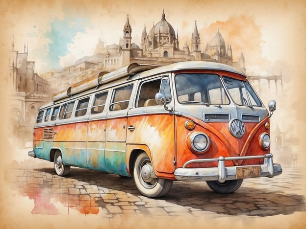 Auf dem Bild ist ein farbenfroher Volkswagen-Bus zu sehen, der auf einem gepflasterten Weg steht. Im Hintergrund erkennt man beeindruckende architektonische Elemente, die an historische Gebäude oder eine Stadtlandschaft erinnern. Der VW-Bus, bekannt für sein Vintage-Design, strahlt ein Gefühl von Nostalgie und Abenteuer aus. 

Dieser Anblick kann einen inspirieren, kulturelle Entdeckungen zu machen, indem man sich vorstellt, wie es wäre, mit einem solchen Fahrzeug auf Roadtrips zu gehen und verschiedene Städte oder Sehenswürdigkeiten zu erkunden. Der Bus symbolisiert Reisefreude und das Entdecken neuer Orte – eine hervorragende Gelegenheit, verschiedene Kulturen, ihre Traditionen und Geschichte kennenzulernen.