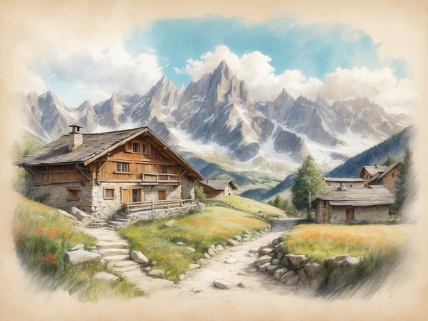 Auf dem Bild ist eine bezaubernde Szene aus der Südtiroler Berglandschaft zu sehen. Der Blick fällt auf traditionelle, rustikale Chalets, die sich harmonisch in die malerische Umgebung einfügen. Umgeben von majestätischen Bergen und üppigen Wiesen, strahlt die Landschaft eine friedliche und ruhige Atmosphäre aus. Farbtupfer von Wildblumen verleihen der Natur einen zusätzlichen Reiz, während die Wolken sanft über den Himmel ziehen. Diese Schönheit der Südtiroler Berglandschaft lädt zum Verweilen und Genießen ein.