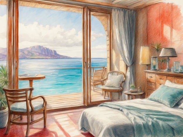 Auf dem Bild ist ein stilvolles Schlafzimmer mit Blick auf das Meer und eine angrenzende Terrasse zu sehen. Hier sind einige praktische Tipps für einen entspannten Urlaub:

1. **Frühzeitig buchen**: Plane und buche Unterkünfte im Voraus, um Stress zu vermeiden und bessere Preise zu sichern.

2. **Entspannt reisen**: Wähle bequeme Reisemittel und vermeide es, zu viele Aktivitäten an einem Tag zu planen.

3. **Einen Rückzugsort schaffen**: Suche dir einen ruhigen Platz in deiner Unterkunft, um zu entspannen und zu lesen.

4. **Gesunde Snacks**: Nimm gesunde Snacks mit, um während des Tages Energie zu tanken.

5. **Lokale Kultur erleben**: Nimm dir Zeit, die lokale Kultur zu entdecken und authentische Erlebnisse zu genießen.

6. **Technikzeit begrenzen**: Reduziere die Bildschirmzeit, um mehr im Moment leben zu können.

7. **Flexibel bleiben**: Sei offen für spontane Entscheidungen und ändere deine Pläne, wenn etwas anderes interessanter erscheint.

Diese Tipps helfen dabei, den Urlaub angenehmer und stressfreier zu gestalten.