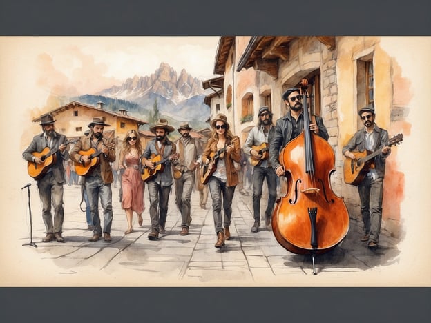 Auf dem Bild ist eine Gruppe von Musikern zu sehen, die in einem charmanten, alpine-verzierten Umfeld zusammen musizieren. Diese Szene spiegelt die vielfältige Musikszene Südtirols wider, wo traditionelle und moderne Klänge oft harmonisch miteinander verschmelzen. Die Instrumente, die sie spielen, wie Gitarren und ein Kontrabass, sind typisch für folkige Musikstile, die in der Region populär sind. Die Atmosphäre ist lebhaft und einladend, was die kulturelle Vielfalt und den musikalischen Reichtum Südtirols unterstreicht.