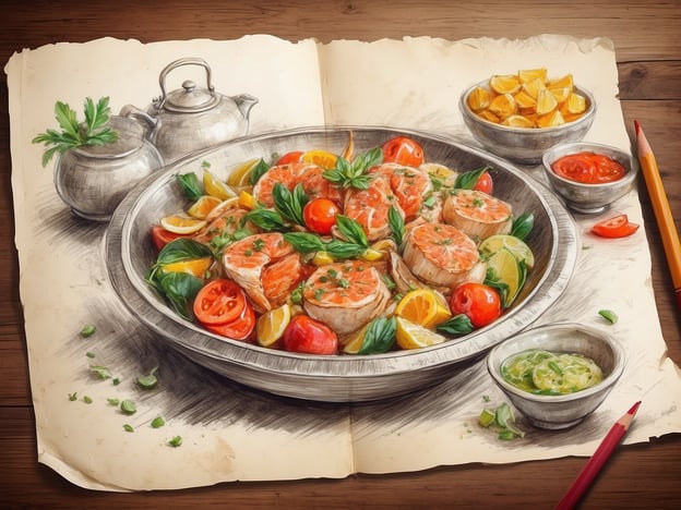 Auf dem Bild ist ein kunstvoll angerichtetes Gericht zu sehen, das aus Lachsfilets besteht, die mit frischem Gemüse, einschließlich Tomaten und Zitrusfrüchten, garniert sind. Es könnte sich um eine traditionelle mediterrane Spezialität handeln, die oft mit Kräutern wie Basilikum oder Petersilie serviert wird. Neben dem Hauptgericht sieht man verschiedene Saucen, die als Dip dienen könnten, sowie Pommes oder Kartoffelstücke. Das Gesamtbild vermittelt ein Gefühl von Frische und kulinarischer Raffinesse.