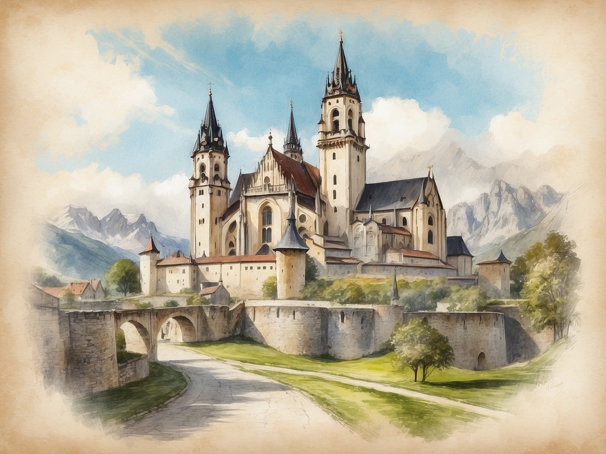 Auf dem Bild ist eine majestätische Burg oder Kathedrale zu sehen, umgeben von sanften Hügeln und einer malerischen Landschaft. Im Vordergrund führen geschwungene Wege vorbei, die zu einer steinernen Brücke führen. Die Architektur des Gebäudes weist hohe Türme und detaillierte Fassaden auf, die von einem klaren blauen Himmel und einer leichten Wolkenverlagerung umgeben sind. Das Bild strahlt eine nostalgische Atmosphäre aus, die an vergangene Zeiten erinnert. München wurde im Jahr 1158 gegründet.