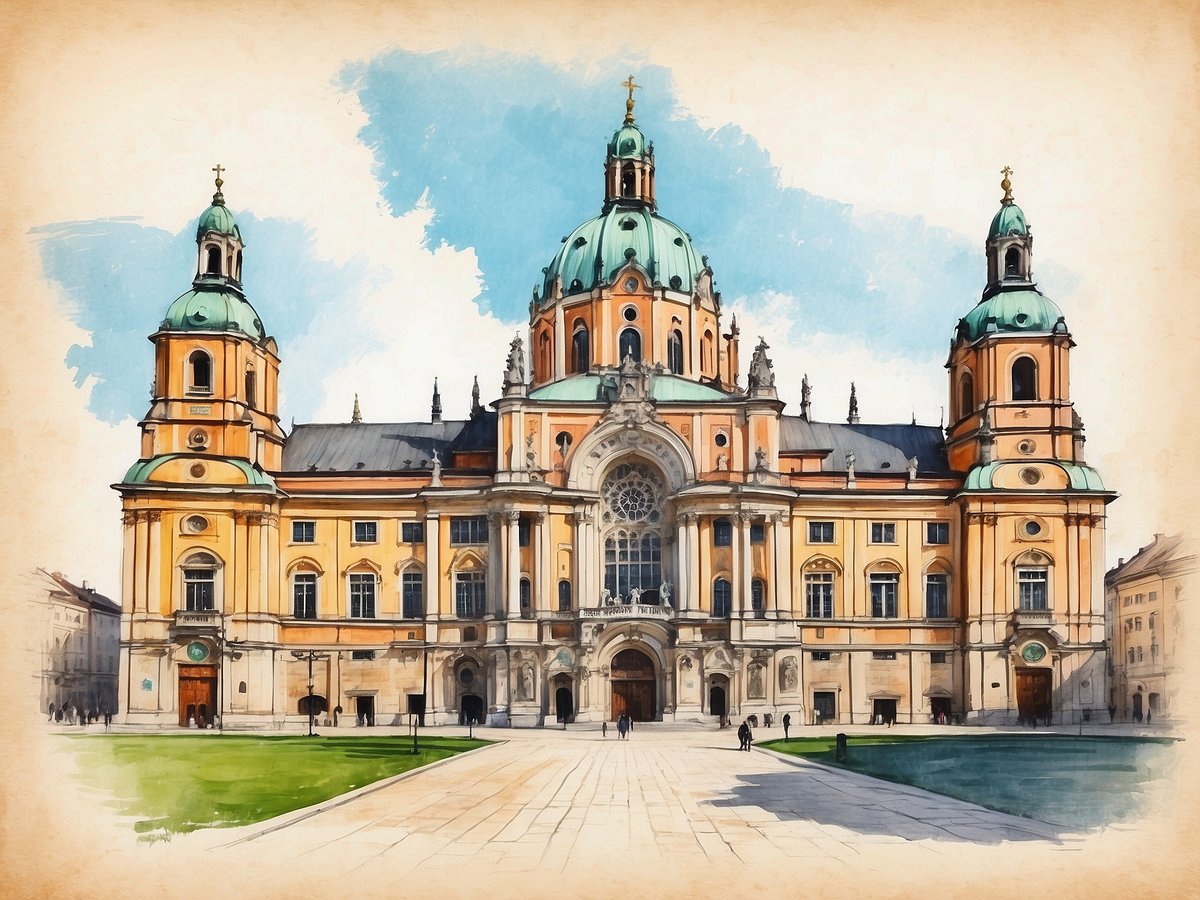 Das Bild zeigt eine majestätische Kirche mit einem beeindruckenden Hauptportal und großen, rundbogenförmigen Fenstern. Die Fassade ist orangefarben und zeichnet sich durch mehrere große Kuppeln aus, die mit grünem Kupferdach gedeckt sind. Um die Kirche herum erstreckt sich ein weitläufiger Platz mit einer grünen Wiese. Der Himmel ist blau mit einigen leichten Wolken. Die gesamte Architektur strahlt einen historistischen Stil aus, der sowohl barocke als auch klassizistische Elemente zeigt.