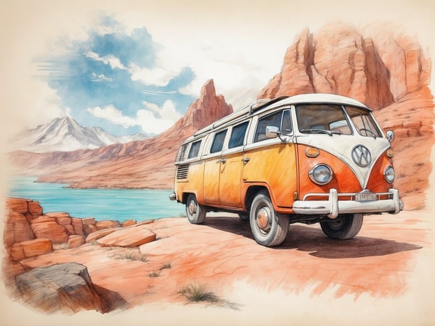 Auf dem Bild ist ein ikonischer VW-Bus, der in einer atemberaubenden Landschaft parkt. Im Hintergrund erstrecken sich majestätische Berge und ein glitzernder See, umgeben von roter Felsformation. Dies ist der perfekte Ort für Abenteuer und Genuss. 

Hier könnten Abenteurer:

- **Wanderungen** in der Umgebung unternehmen und die Natur erkunden.
- **Fototouren** machen, um die beeindruckenden Ausblicke festzuhalten.

Genießer könnten:

- Ein **Picknick** am See genießen und die frische Luft erleben.
- **Sonnenuntergänge** vor der beeindruckenden Kulisse bewundern und entspannen. 

Die Szenerie lädt dazu ein, die Ruhe und Schönheit der Natur in vollen Zügen zu genießen!