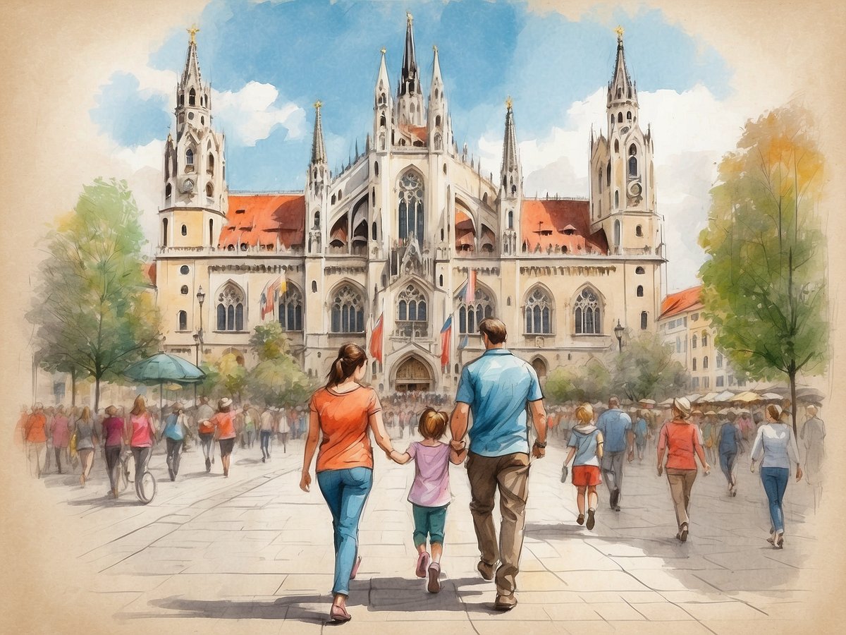 Eine Familie mit einem Kind schlendert auf einem belebten Platz in München. Im Hintergrund ist eine beeindruckende, historische Kirche mit markanten Türmen und kunstvollen Details zu sehen. Die Umgebung ist lebhaft, mit zahlreichen Menschen, die sich in der Nähe aufhalten. Bäume und kleine Pavillons schaffen eine einladende Atmosphäre. Ideal für einen Familienausflug, da die Szenerie ein Gefühl von Entdeckung und Freude vermittelt.