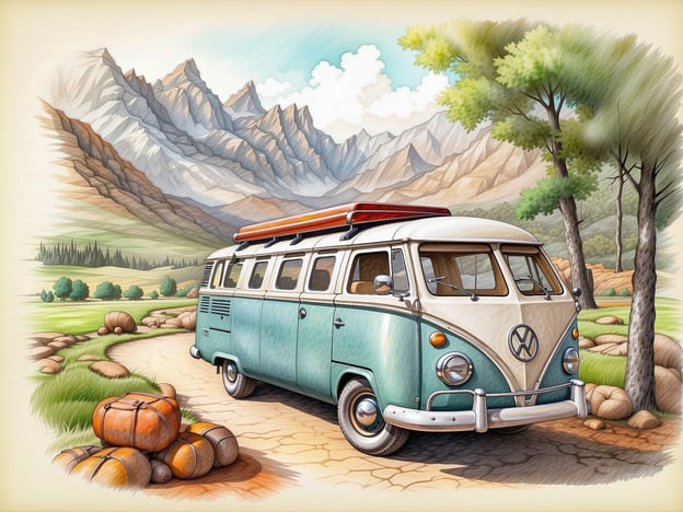 Auf dem Bild ist ein klassischer VW-Bus zu sehen, der auf einem malerischen Weg in einer ländlichen Landschaft steht. Im Hintergrund sind Berge und eine grüne Umgebung sichtbar, die eine entspannte Camping-Atmosphäre vermittelt. Dies erinnert an die besten Campingplätze in der Toskana, wo man die Natur genießen kann, umgeben von herrlichen Landschaften, Olivenhainen und Weinbergen. Solche Orte bieten oft eine perfekte Kulisse für einen unvergesslichen Campingurlaub.