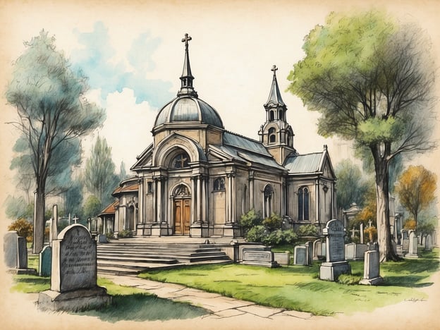 Auf dem Bild ist eine eindrucksvolle Kapelle zu sehen, die sich auf einem Friedhof befindet. Die Architektur des Gebäudes ist im klassischen Stil gehalten, mit klaren Linien und symmetrischen Formen. Besonders hervorzuheben sind die zwei Türme und das kuppelartige Dach, die dem Gebäude eine majestätische Ausstrahlung verleihen.

Die Fassade ist reich gestaltet, mit großen Fenstern, die Licht in den Innenraum lassen. Der Zugang zur Kapelle erfolgt über eine breite Treppe, die auf die Eingangstüren führt, was den Eindruck von Erhabenheit verstärkt. Um das Gebäude herum sind gepflegte Rasenflächen und viele Grabsteine verteilt, die einen ruhigen und respektvollen Eindruck des Friedhofs vermitteln. Die Umgebung wird durch hochgewachsene Bäume und Sträucher noch zusätzlich aufgewertet, was dem Ort eine friedliche Atmosphäre verleiht.