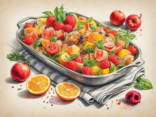 Auf dem Bild ist eine bunte Schüssel mit einer leckeren Obstsalatmischung zu sehen. Sie enthält eine Vielzahl von Früchten, wie zum Beispiel:

- Erdbeeren
- Himbeeren
- Heidelbeeren
- Orangen
- Äpfel
- Tomaten

Die frischen Früchte sind kunstvoll arrangiert und mit etwas grünem Basilikum dekoriert. Daneben liegen frisch geschnittene Orangenscheiben und Äpfel, die das Gesamtbild abrunden. Dieser Obstsalat ist eine köstliche und gesunde Option für Groß und Klein, ideal für warme Tage oder als Dessert!