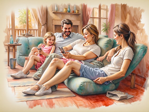 Auf dem Bild ist eine entspannte Familienszene zu sehen. Eine Familie sitzt gemütlich auf einem Sofa und verbringt ihre Zeit gemeinsam. Die Eltern und die Tochter scheinen sich zu amüsieren, während sie auf ihre Smartphones schauen. Diese Momente sind wichtig für die Entspannung und Erholung sowohl für Eltern als auch für Kinder. Es zeigt, wie wertvoll gemeinsame Zeit ist, um zu entspannen und eine harmonische Beziehung zu pflegen. Die Umgebung wirkt warm und einladend, was die entspannte Atmosphäre unterstreicht.