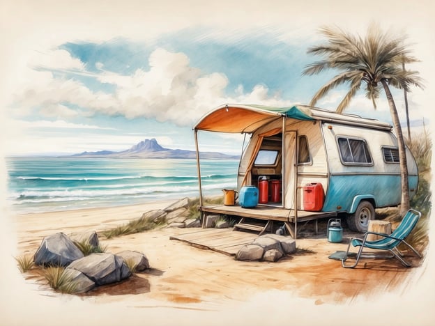 Auf dem Bild ist ein Campingplatz am Meer zu sehen, mit einem kleinen Wohnwagen und einer wunderschönen Aussicht auf den Strand und das Wasser. Hier sind einige Tipps für das perfekte Camping-Abenteuer am Meer:

1. **Standortwahl**: Wähle einen Campingplatz in der Nähe des Wassers, um die beste Aussicht und einfachen Zugang zum Strand zu haben.

2. **Ausrüstung**: Stelle sicher, dass du die richtige Campingausrüstung dabei hast, wie ein bequemes Zelt oder einen Wohnwagen, Schlafsäcke, Kochausrüstung und ausreichend Kühlgeräte für Lebensmittel und Getränke.

3. **Sonnenschutz**: Vergiss nicht, Sonnencreme aufzutragen und einen Sonnenschirm oder eine Plane mitzunehmen, um Schatten zu spenden.

4. **Wassersport**: Plane Aktivitäten wie Schwimmen, Schnorcheln oder Kajakfahren, um das Meer in vollen Zügen zu genießen.

5. **Natur erleben**: Nutze die Gelegenheit, die Umgebung zu erkunden. Mache Strandspaziergänge oder erkunde die angrenzenden Wanderwege.

6. **Abendliche Unterhaltung**: Bring Spiele, ein Buch oder eine Gitarre mit, um die Abende am Lagerfeuer zu genießen und eine schöne Atmosphäre zu schaffen.

7. **Respektiere die Natur**: Achte darauf, deinen Müll zu entsorgen und die Natur zu respektieren, um die Schönheit des Ortes zu bewahren.

Mit diesen Tipps wird dein Camping-Abenteuer am Meer sicher unvergesslich!