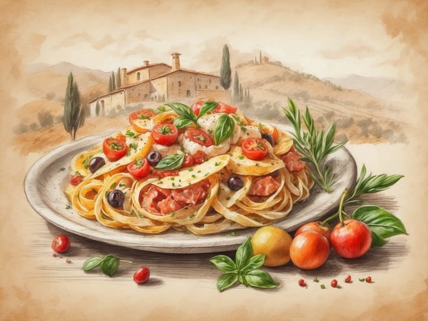 Auf dem Bild ist eine köstliche Portion Pasta zu sehen, die häufig in der toskanischen Küche vorkommt. Die Pasta ist mit frischen Tomaten, Oliven und Kräutern, wie Basilikum, garniert, was den mediterranen Charakter der Toskana widerspiegelt. Diese Region ist bekannt für ihre hochwertigen Zutaten, wie sonnengereifte Tomaten und aromatisches Basilikum. 

Die Kombination von Pasta mit frischen, saisonalen Zutaten ist ein typisches kulinarisches Highlight der Toskana. Zudem könnten die lokal produzierten Oliven und die frischen Kräuter nicht fehlen, die viele toskanische Gerichte verfeinern. Diese Darstellungen laden dazu ein, die Aromen und die Liebe zur italienischen Küche zu genießen!