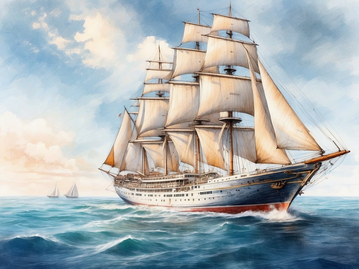 Ein prächtiges Großsegelschiff fährt majestätisch über die sanften Wellen des Ozeans. Die weißen Segel sind anmutig aufgebläht und fangen den Wind ein, während sich das Schiff mit einem Hauch von Geschwindigkeit fortbewegt. Im Hintergrund sind mehrere kleinere Segelboote sichtbar, die ebenfalls in die gleiche Richtung segeln. Der Himmel ist klar und zeigt sanfte Pastelltöne, die auf einen schönen Tag hinweisen. Die gesamte Szenerie strahlt ein Gefühl von Freiheit und Abenteuer aus, perfekt für traumhafte Kreuzfahrten.