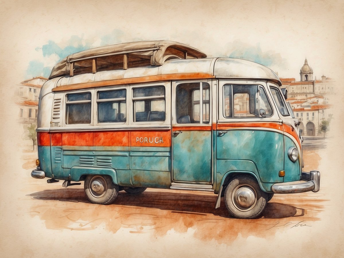 Ein nostalgischer Volkswagen Bulli in einer leuchtenden blauen und orangen Farbe steht vor einer malerischen Stadtansicht. Der Bus hat große Fenster und ein aufklappbares Dach, das typisch für klassische Reisefahrzeuge ist. Im Hintergrund sind historische Gebäude mit roten Dächern zu sehen, die die Atmosphäre eines typischen portugiesischen Ortes widerspiegeln. Die warmen Farben und die künstlerische Darstellung verleihen dem Bild einen charmanten, einladenden Charakter und machen es zum idealen Motiv für einen Roadtrip durch Portugal.