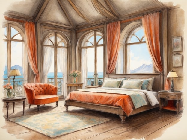 Auf dem Bild ist ein charmantes Schlafzimmer zu sehen, das eine Atmosphäre der Entspannung und Erholung ausstrahlt. Die großen Fenster bieten einen wunderbaren Ausblick und lassen viel Tageslicht herein, während die sanften Farben und die stilvollen Möbel eine einladende Umgebung schaffen. Der gemütliche Sessel lädt zum Entspannen ein, und die dekorativen Elemente unterstreichen den harmonischen Charakter des Raumes. Dieses Schlafzimmer scheint der perfekte Ort zu sein, um die Seele baumeln zu lassen und neue Energie zu tanken.