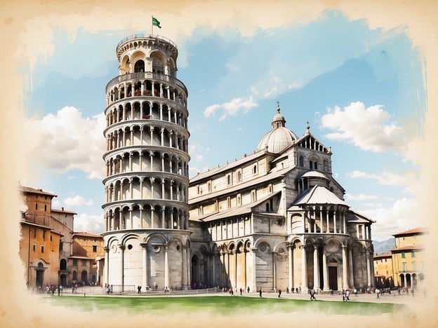 Auf dem Bild ist der Schiefe Turm von Pisa zu sehen, zusammen mit dem angrenzenden Baptisterium und der Kathedrale von Pisa. Diese berühmten Bauwerke sind Teil des Piazza dei Miracoli, der als UNESCO-Weltkulturerbe anerkannt ist. Der Schiefe Turm ist bekannt für seine markante Neigung, die durch ein instabilen Untergrund verursacht wurde, und ist ein beliebtes Fotomotiv für Touristen. Die Architektur zeugt von der Romanik und hat über die Jahrhunderte viele Besucher angezogen.