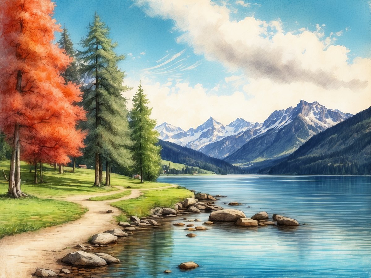 Eine idyllische Landschaft mit einem klaren, blauen See, umgeben von majestätischen Bergen im Hintergrund. Am Ufer wachsen dicht gepackte Nadel- und Laubbäume in lebhaftem Grün und leuchtendem Rot. Ein Pfad schlängelt sich entlang des Sees und bietet einen schönen Blick auf die Natur. Die Wolken am Himmel sind leicht und verleihen der Szene eine friedliche Atmosphäre, die an die Schönheit der Natur im Schwarzwald erinnert.