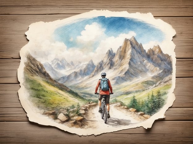 Auf dem Bild ist ein Radfahrer zu sehen, der in einer malerischen Berglandschaft fährt. Die Freizeitaktivität, die hier dargestellt wird, ist Radfahren, insbesondere in der Natur, was oft mit Abenteuer und Erholung verbunden ist. Die Umgebung zeigt beeindruckende Berge und eine grüne Landschaft, was auf eine angenehme Zeit im Freien hinweist.