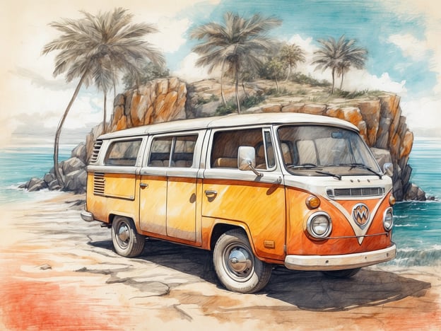 Auf dem Bild ist ein farbenfroher VW-Bus zu sehen, der an einem malerischen Strand geparkt ist. Umgeben von Palmen und Felsen vermittelt die Szenerie ein Gefühl von Urlaub und Entspannung. Das Bild lädt dazu ein, die versteckten Strände zu entdecken und die natürliche Schönheit der Küstenlandschaft zu genießen.